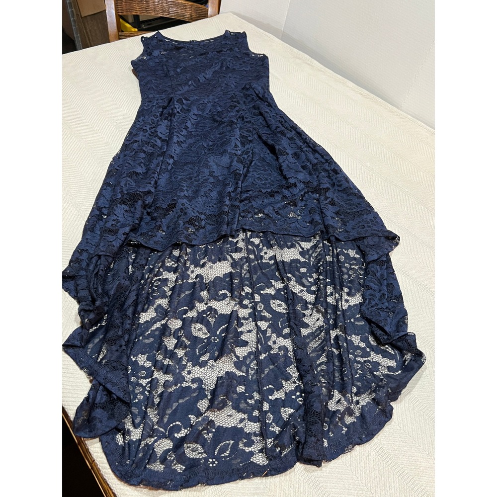 Muadress Navy Blue Lace High Low Dress Sleeveless Sheer Wedding Formal Sz Large - Picture 2 of 8
